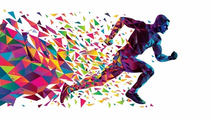 A vibrant, abstract runner is depicted in a dynamic pose, with a colorful burst of geometric shapes behind him, conveying speed and energy.