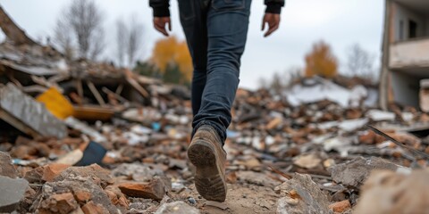 A lone individual traverses through rubble after a disaster, capturing the themes of resilience, survival, and recovery amidst the ruins of a devastated area.