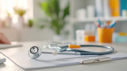 A stethoscope rests on clipboard in bright, organized medical office, symbolizing healthcare and professionalism. serene environment enhances feeling of trust and care