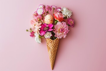 A waffle cone filled with colorful flowers and an Easter egg sits against a pink background.