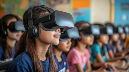 Students explore virtual reality through headsets in an immersive learning environment, enhancing their educational experience.