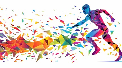 Obraz premium Abstract geometric silhouette of a runner, made up of colorful triangles, on a white background.