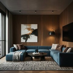 Dark blue corner sofa against of tv unit on wooden paneling wall. Minimalist interior design of modern living room.