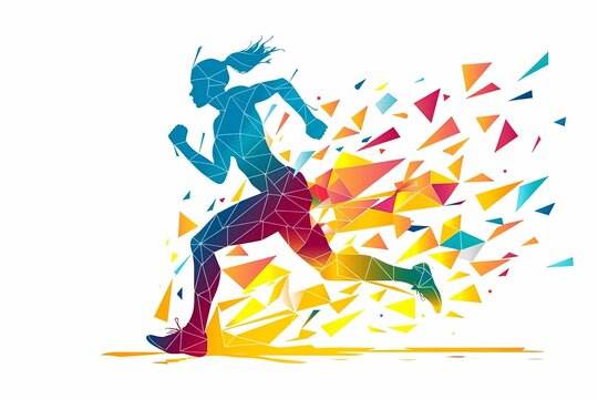 Abstract geometric illustration of a female runner, with the runner's body dissolving into a trail of colorful triangles.