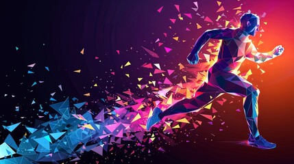 Fototapeta premium Abstract polygonal illustration of a running man with colorful shards of light behind him.