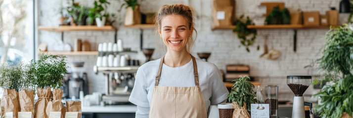 A cheerful barista stands in cozy cafe, surrounded by fresh plants and coffee equipment, creating warm and inviting atmosphere for customers