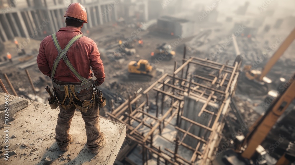Wall mural construction worker standing on edge of building structure without safety railings observing a high-