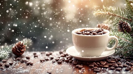 Obraz premium White coffee cup with steam, coffee beans, and pine leaves on wood, blurred snowflake background.