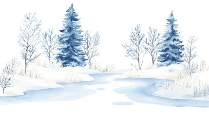 Winter landscape with snowy trees and a serene river on a white background.