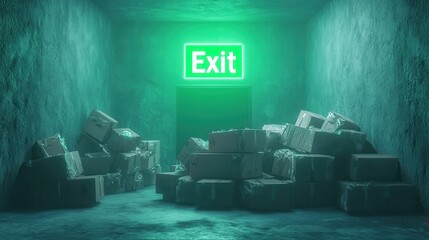 Exit door blocked by damaged boxes in a poorly maintained warehouse creating unsafe conditions and fire hazards