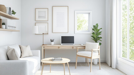 A modern home office featuring minimalist design with wooden desk, laptop, and comfortable seating. bright space is enhanced by natural light and greenery, creating serene atmosphere