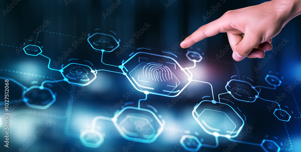 Aufkleber biometrics fingerprint concept. biometrics security with digital interface