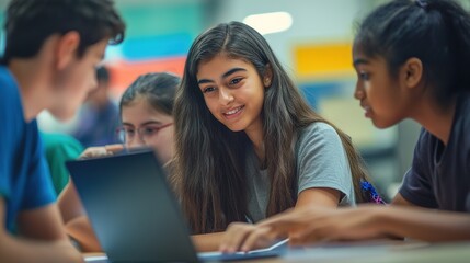 A group of students collaborating on a project using cloud-based education software.