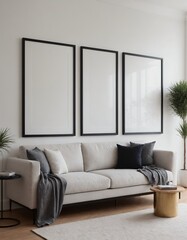 A modern living room with a white sofa interior design mock-up template with an empty poster frame on a wall 3d illustration, interior design mock-up image.
