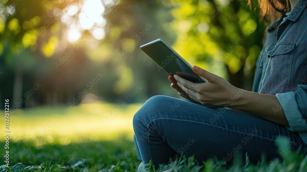 Poster a learner accessing e-learning modules on a tablet in a relaxed outdoor setting.