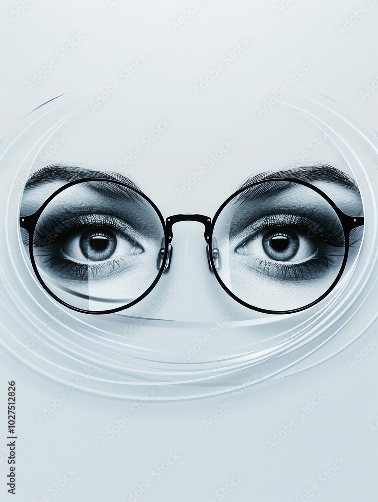 Aufkleber A pair of sophisticated eyeglasses is positioned against a creative background featuring artistic, stylized eyes in a minimalist layout. Generative AI