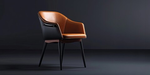 Obraz premium Modern brown leather chair with black legs against a dark background.