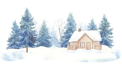 Cozy wooden cabin surrounded by snowy trees, winter wonderland scene.