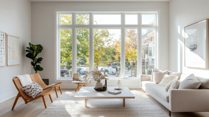 Fototapeta premium A bright and airy living room features large windows showcasing vibrant autumn foliage outside. modern decor includes cozy sofa, stylish chairs, and minimalist coffee table, creating warm and inviting