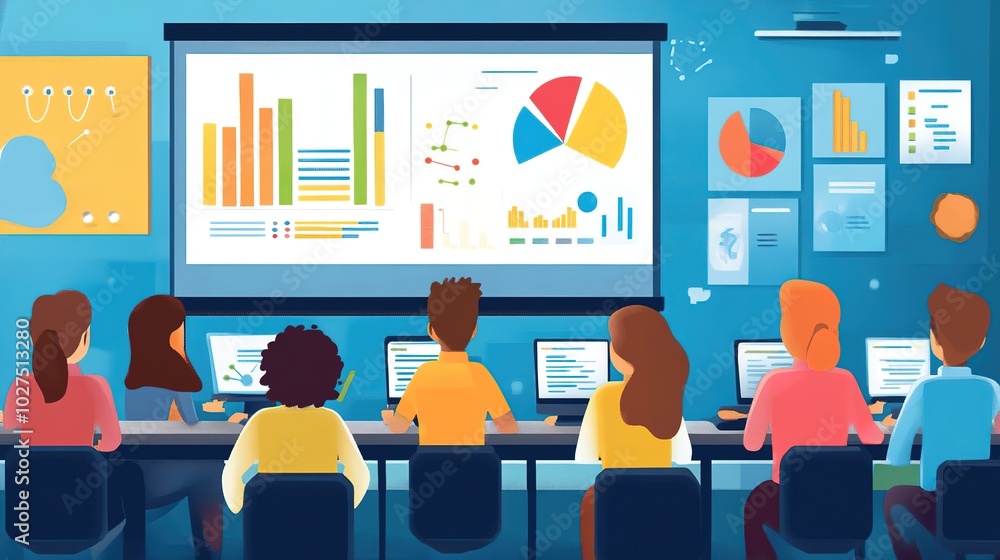 Poster a lively virtual classroom with students participating in a real-time lesson.
