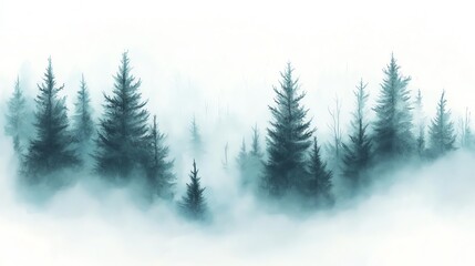 Foggy forest landscape with evergreen trees, serene and tranquil atmosphere.