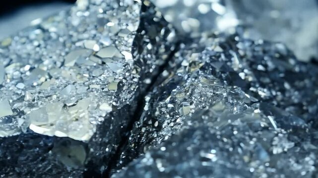 pile of platina ore ,  zoom in. 4K. Platinum is a transition metal that is silvery white, dense, soft and easy to shape. Platinum has extraordinary catalytic properties and is used in various industri