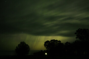 A peaceful night scene featuring soft clouds and a glowing sky filled with faint stars. Silhouetted trees stand in the foreground, with a distant light casting a soft glow from the horizon.