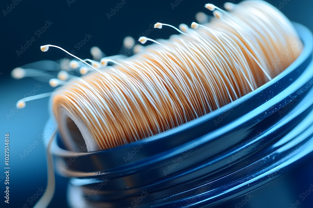 Poster close-up of a spool of thread with fine fibers and delicate filaments.