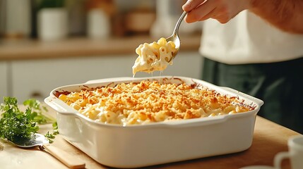 A serving of baked mac and cheese with a crispy breadcrumb topping, being spooned out of a casserole dish on a kitchen counter.