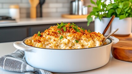 A serving of baked mac and cheese with a crispy breadcrumb topping, being spooned out of a casserole dish on a kitchen counter.