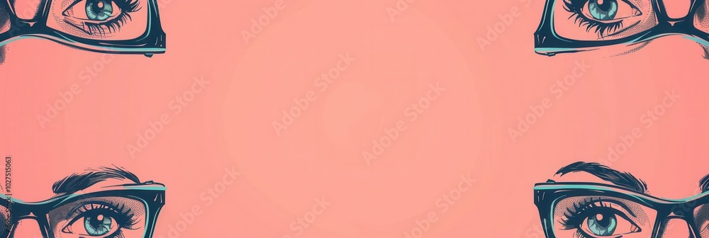 Poster stylish eyeglasses are elegantly showcased against a colorful backdrop of artistic eyes, creating a 