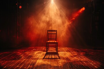 Wooden chair on the burlesque style stage, the lighting comes from the back of the stage with lots of light, Generative Ai 