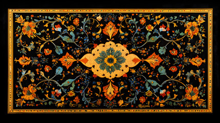 Breathtaking Persian Miniature Painting with Ornate Details and Rich Colors on a Bold Black Background