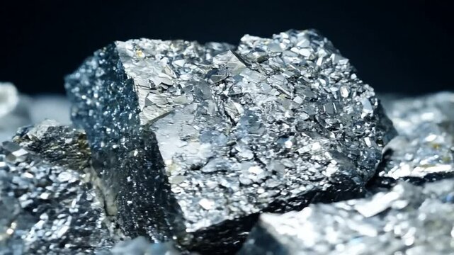 pile of platina ore ,  zoom in. 4K. Platinum is a transition metal that is silvery white, dense, soft and easy to shape. Platinum has extraordinary catalytic properties and is used in various industri