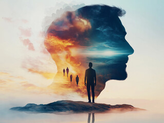 A conceptual double-exposure image of a man's profile blending with a glowing horizon and walking silhouettes, symbolizing self-discovery, personal growth, and the evolving journey of manhood.