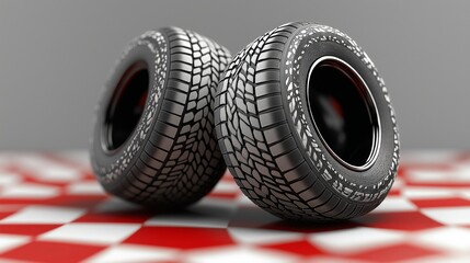 Checkered Flag with Racing Tires on Red and White Background - Powered by Adobe