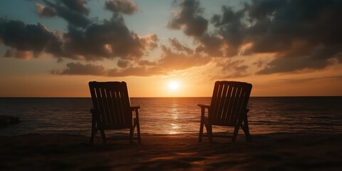 Two empty wooden chairs sit on a beach facing a serene ocean at sunset, capturing a sense of tranquility and timeless beauty under the colorful sky.