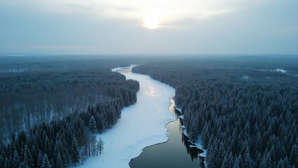 Obraz premium Expansive Russian taiga with coniferous forests frozen lakes and rivers from above