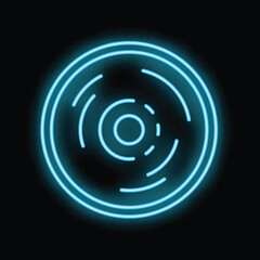Bright blue neon light glowing in the shape of a circle with concentric lines radiating from the center