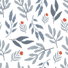 Winter seamless pattern with leaves and berries on white background, vector design for wallpapers, wrapping paper, fabric