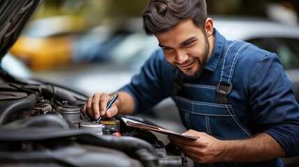 mechanic in blue overalls taking notes