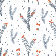 Winter seamless pattern with leaves and berries on white background, vector design for wallpapers, wrapping paper, fabric