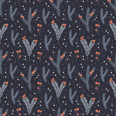 Winter seamless pattern with leaves and berries on dark background, vector design for wallpapers, wrapping paper, fabric