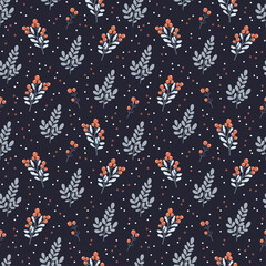 Winter seamless pattern with leaves and berries on dark background, vector design for wallpapers, wrapping paper, fabric
