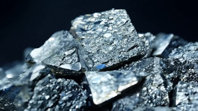 pile of platina ore ,  zoom in. 4K. Platinum is a transition metal that is silvery white, dense, soft and easy to shape. Platinum has extraordinary catalytic properties and is used in various industri