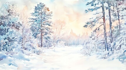 Snowy winter landscape with trees and soft pastel sky.
