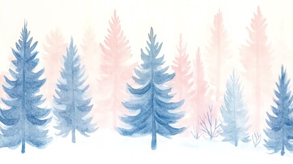 Obraz premium Watercolor forest scene with blue and pink layered trees on a soft background.
