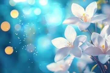 Beautiful white flowers on a blue background with bokeh lights