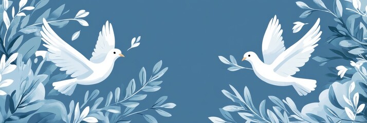 Peace Dove Illustration with Olive Branches on Blue Background