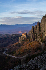 Meteora monasteries in Greece and skyline